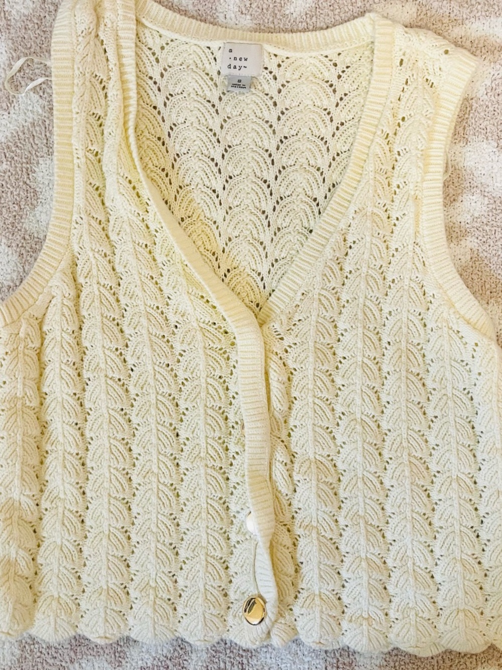 NWOT A New Day Cream Open Knit Sweater Vest Gold Button Cottagecore Small